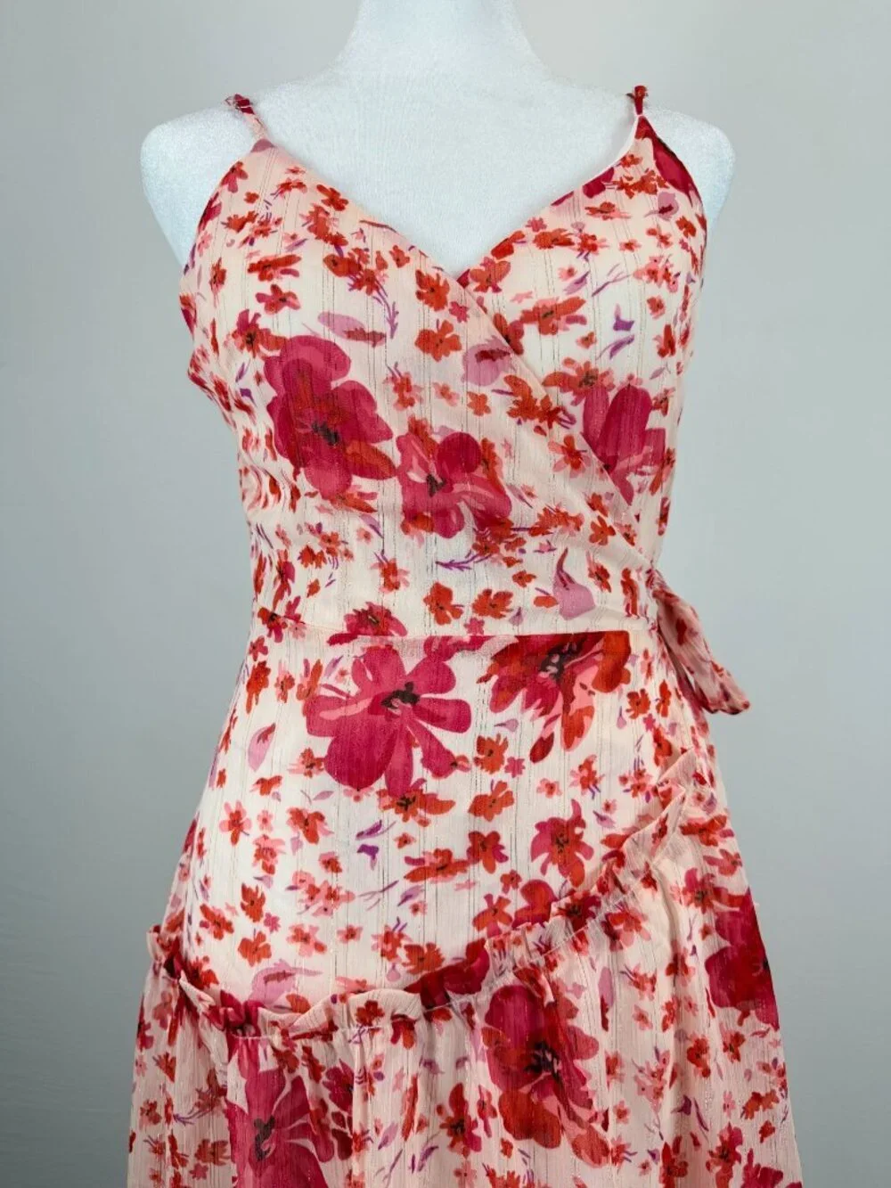 Lulus Womens Size S Pink Floral Wrap Midi Dress Ruffle Sleeveless NWT - Picture 10 of 16